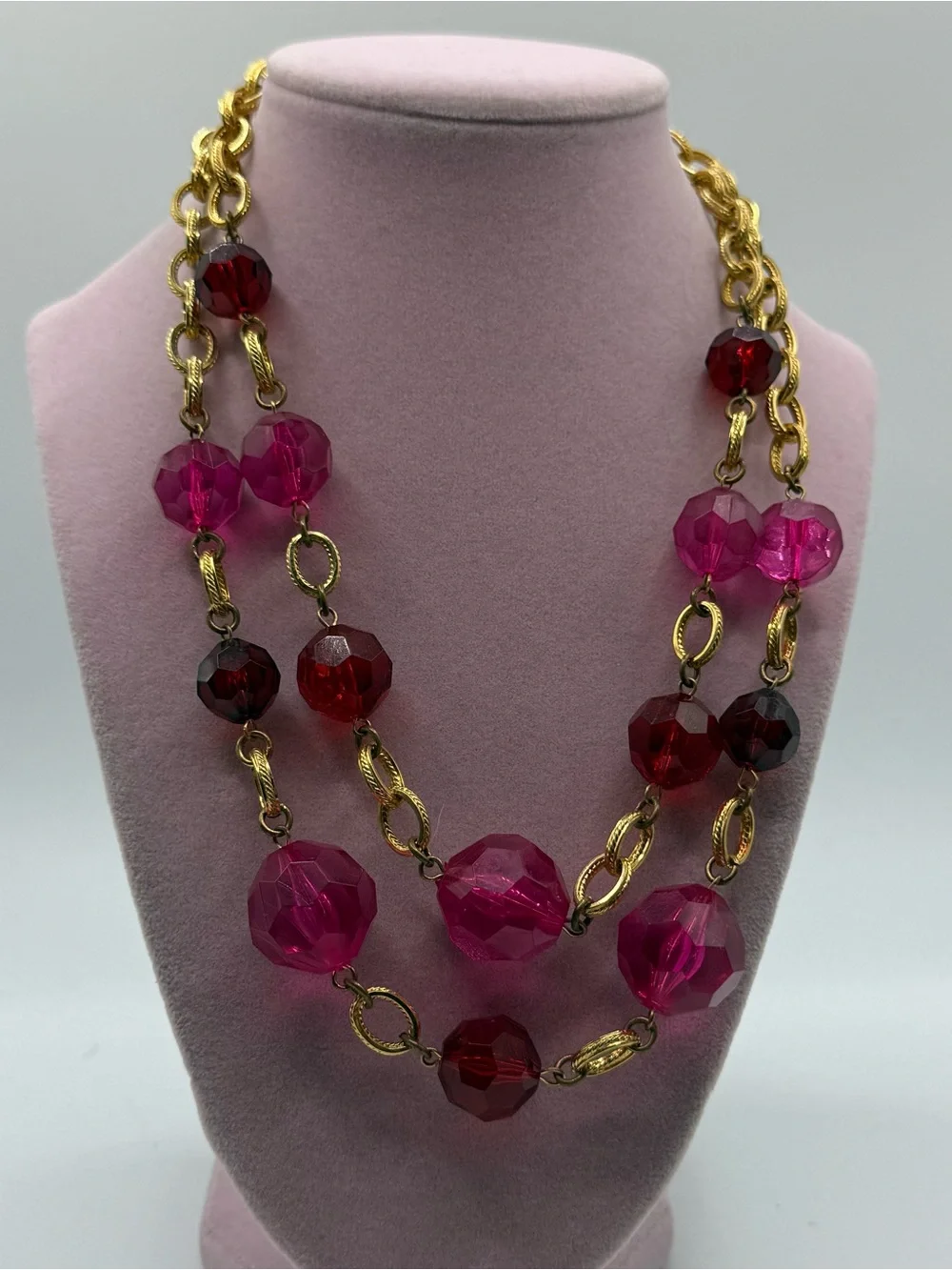 Double layered Gold Chain Necklace with Pink and Red Faceted Beads
